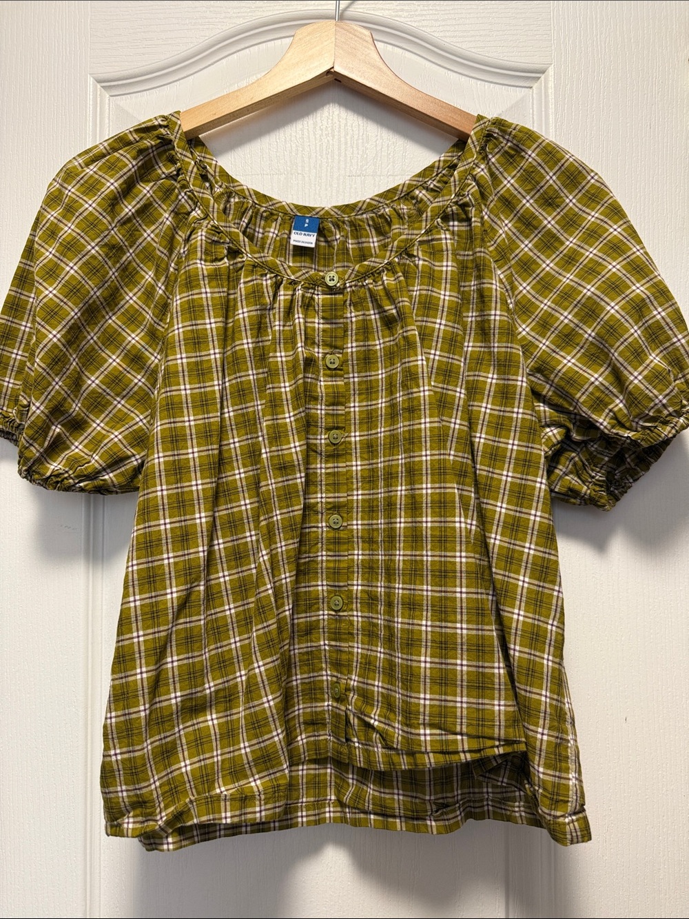 Old Navy Olive Plaid Button-Front Peasant Top, 100% cotton